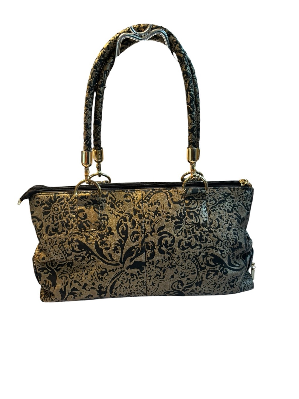 Black and Gold Floral Shoulder Bag with Braided Handles Vintage Tapestry